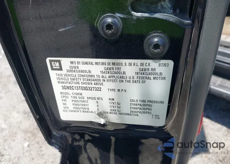 2003 Chevrolet Avalanche 1500 from USA, damaged, VIN 3GNEC13T03G327322